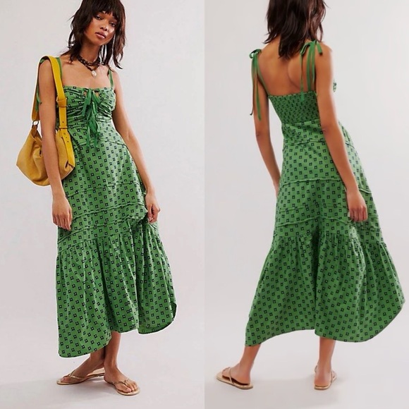 NWT! Free People Palma Printed Midi Dress Green Combo Size XS - Picture 1 of 13
